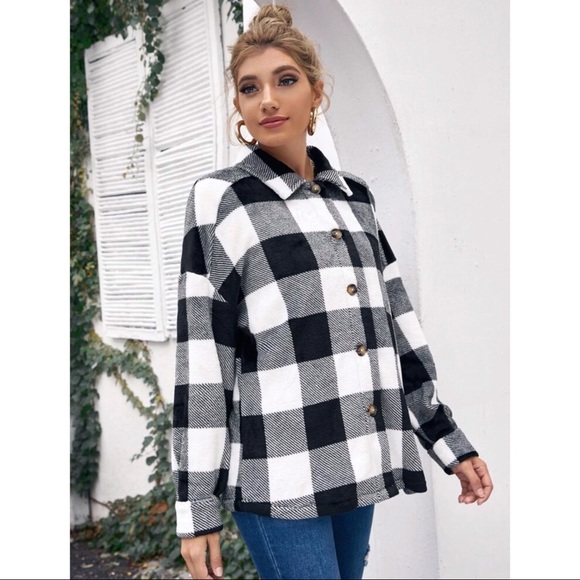 Buffalo Plaid Button Front Teddy Shacket - Picture 3 of 7